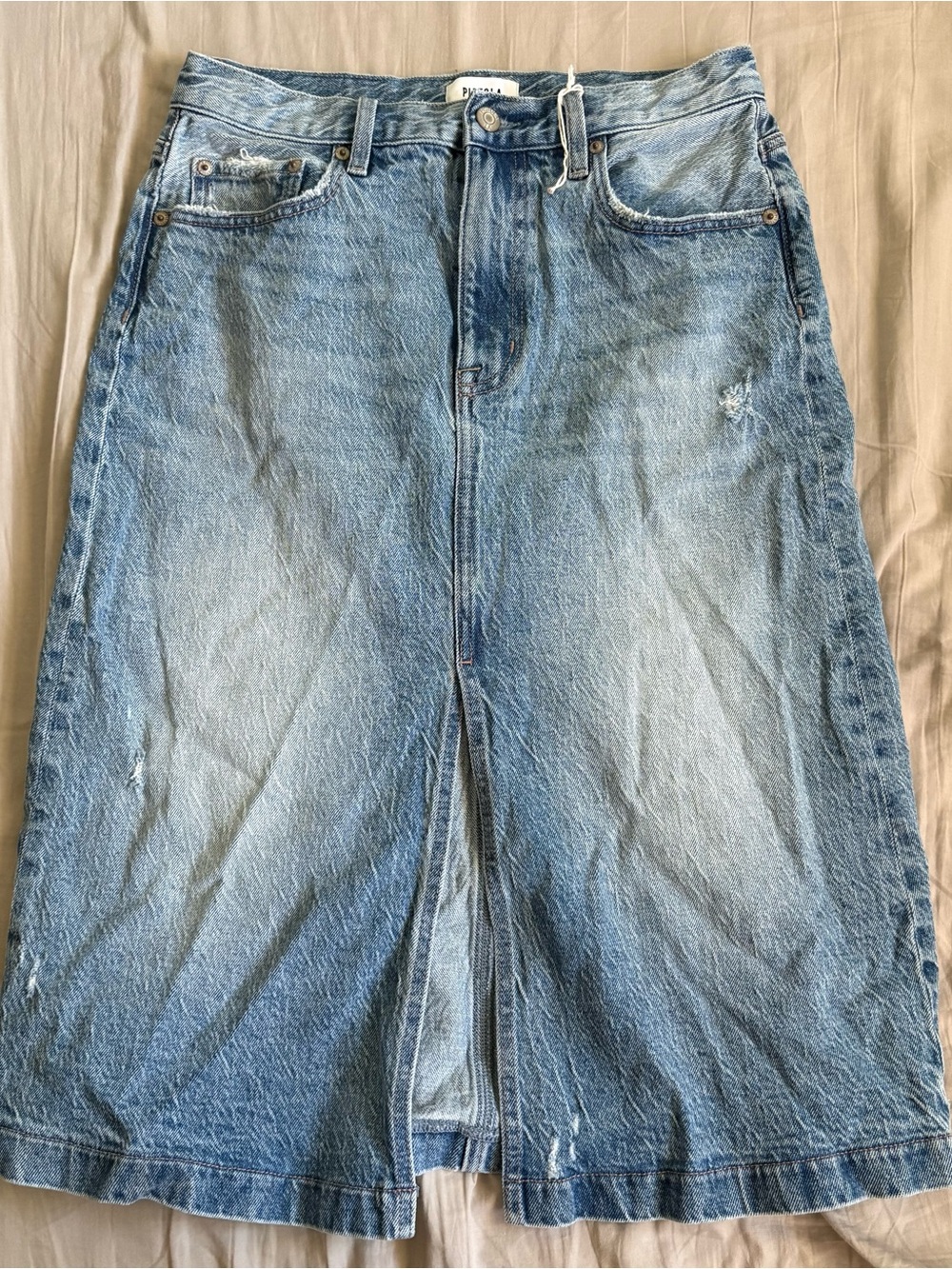 Pistola High Rise Distressed Denim Midi Skirt Size 26 Light Wash